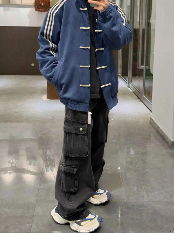 蓝色新中式国风盘扣外套男春秋潮牌感美式复古三条杠立领夹克|undefined