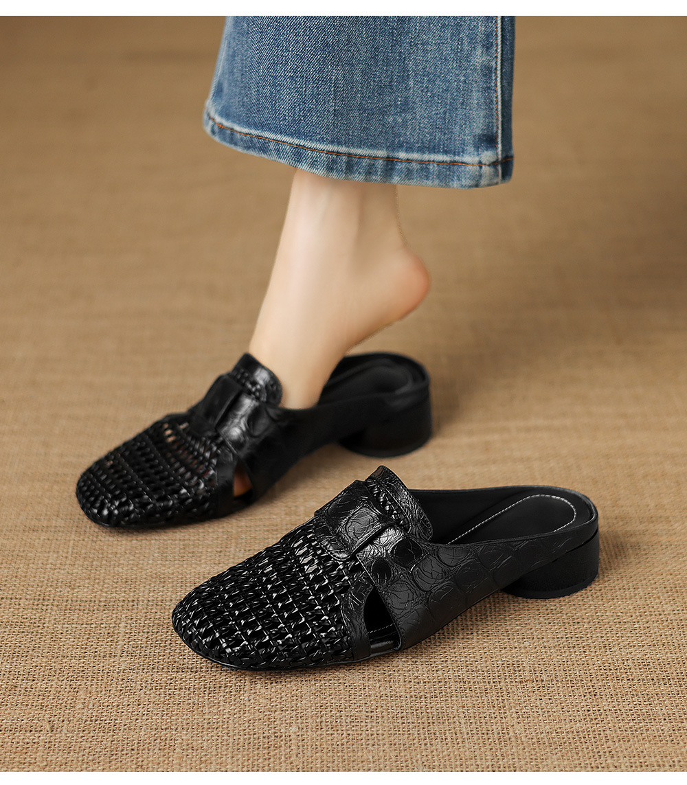 Sandal nữ quai chữ V mũi kín phong cách vintage gót thấp — đen chi tiết 9