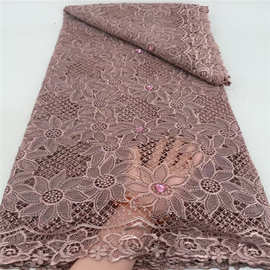 现货蕾丝刺绣面料彩色烫钻非洲婚纱礼服布料设计师面料批发lace