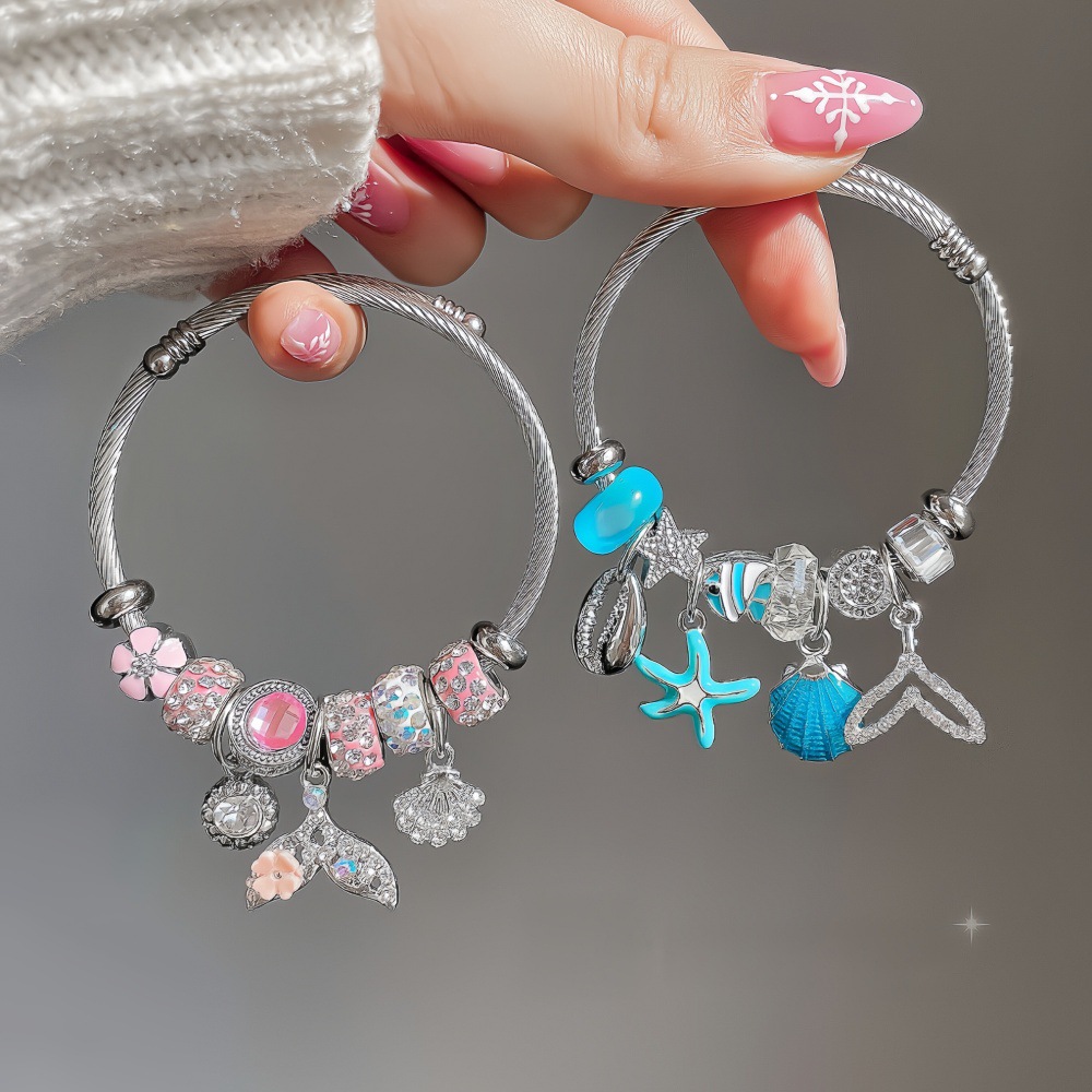 New Panjia Dora Stainless Steel With Inlaid Diamonds, Beads, Fish Tail, Shell, Heart Pendant, Adjustable Friendship_voghion.com