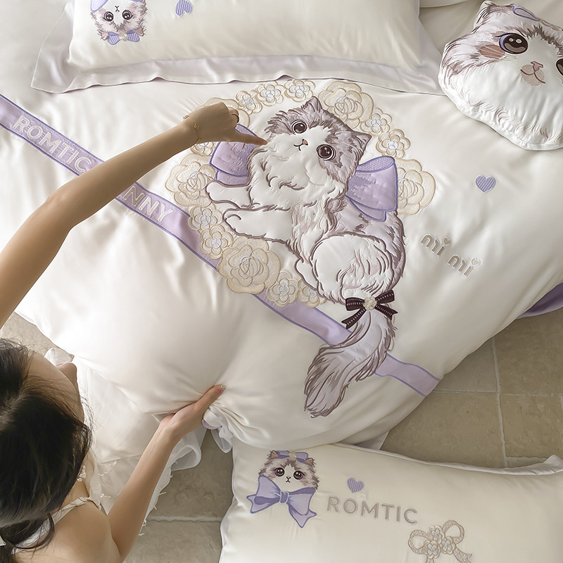 Conjunto de capa de edredão de verão em seda gelo com gato_voghion.com