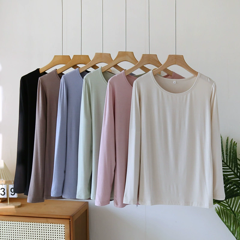 Модаль Осенняя женская тонкая весна и осень с длинными рукавами рубашка с круглым вырезом повседневная толстовка большого размера сплошная футболка