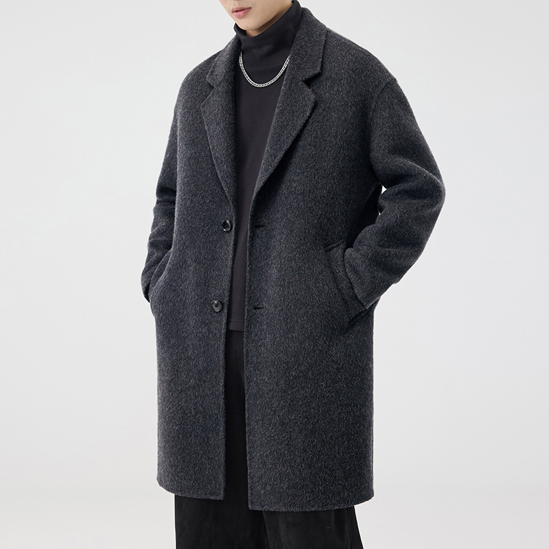 2025 invierno nuevo doble cara tweed cachemir tweed abrigo de hombre largo y medio abrigo relajado gris carbón sin image 2