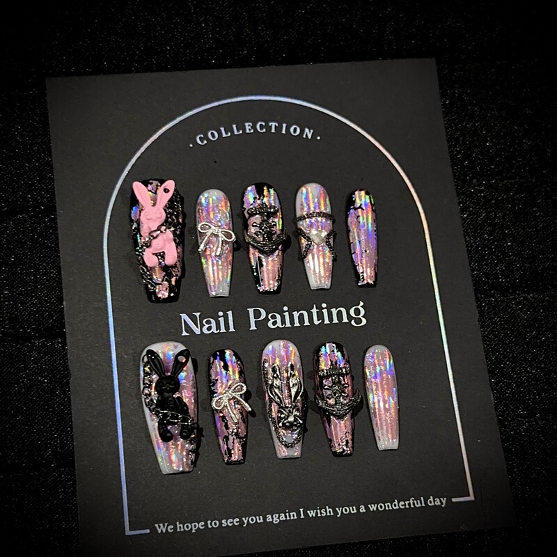 Purely Handmade Pink Laser Long Nail Tips, European and American Dark Black Series, Colorful Rabbit Fake Nail Stickers