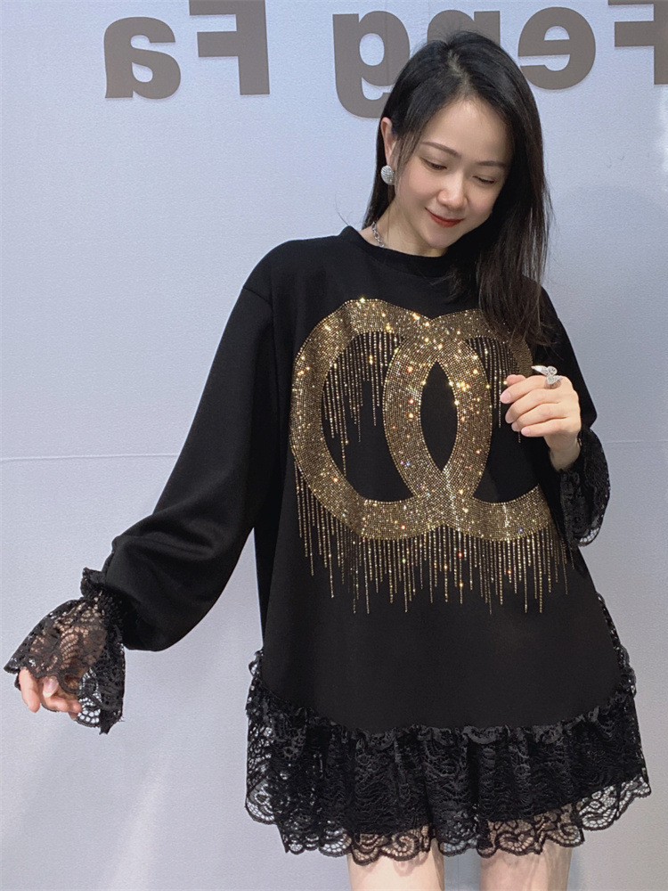 Ropa de Mujer Europea y estadounidense transfronteriza suelta y de alta gama blusa de manga larga de encaje de otoño femenino empalmada camisa de manga larga de cuello redondo de diamante de agua image 4