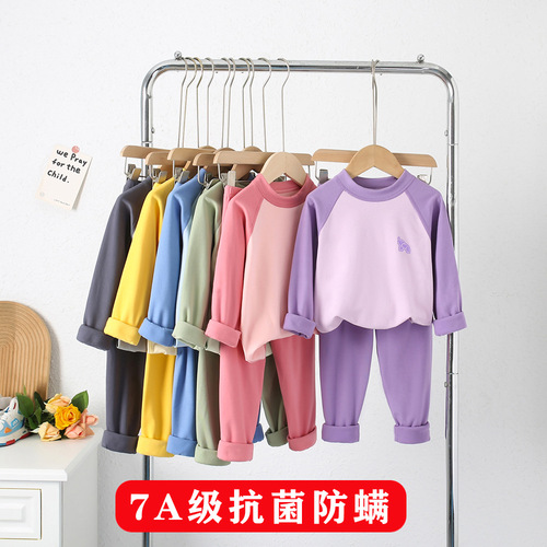 Children's Warm Innerwear Set 7A Antibacterial Boys' Autumn Top and Bottoms Base Shirt Girls' Pajamas Medium Kids Home Clothes