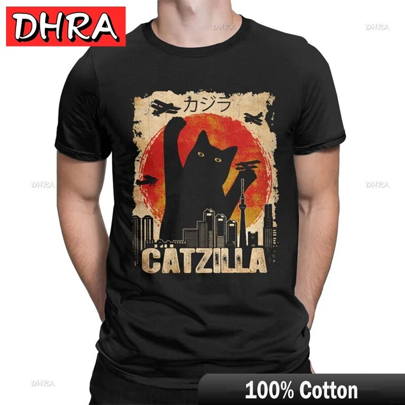Funny Catzilla Japanese Cat Kitten Lover Men's T-Shirt Men's Casual T-Shirt Summer Cute Clothes Kawaii