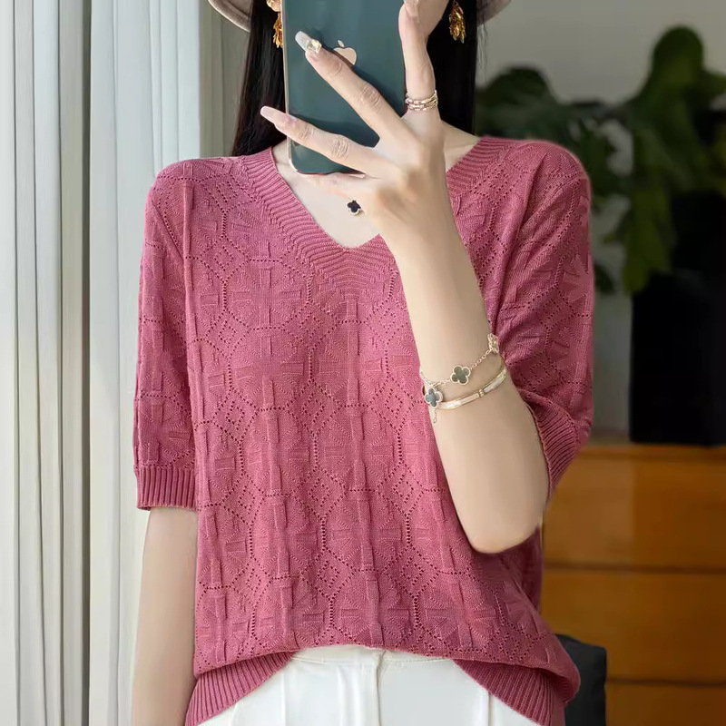 Cross-Border T-Shirt Women's Summer 2025 Hook Pattern Cut Out New Loose Elegant Breathable Knitwear Short-Sleeved Ice Silk Top