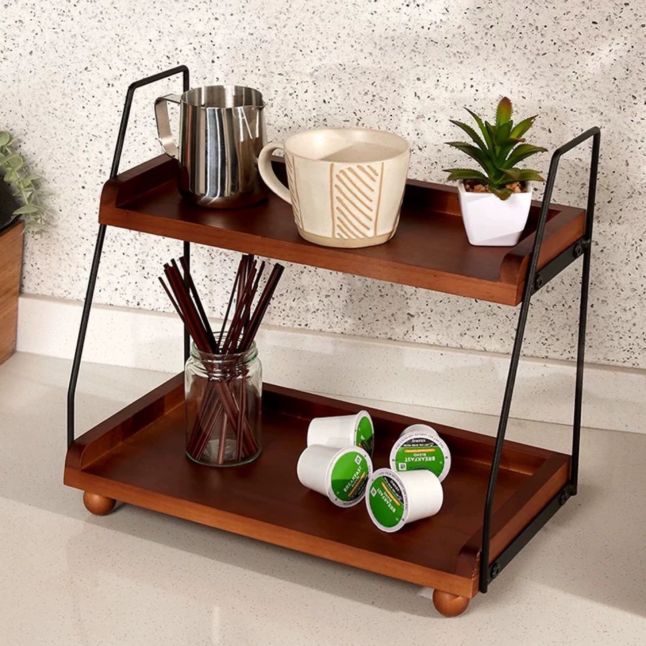 Tiemu combined with wooden double -layer shelf living room Coffee milk tea tank storage rack bathroom toilet finishing shelf