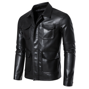 Cross-border Amazon Advanced Men's American Lapel Large Pocket Trend New Casual PU Leather Jacket Leather Jacket
