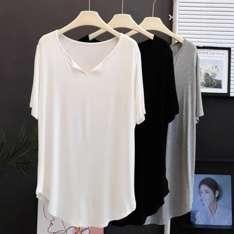 Mid-Length Modal Short-Sleeved T-Shirt Covering Buttocks V Neck Arc Hem Top Loose Sports Blouse Home Wear for Women Mid-Length Modal Short-Sleeved T-Shirt Covering Buttocks V Neck Arc Hem Top Loose Sports Blouse Home Wear for Women