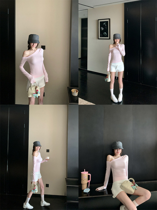 Skk Store cool&sexy 云朵感慵懒斜肩打底衫不规则修身T恤上衣秋|undefined
