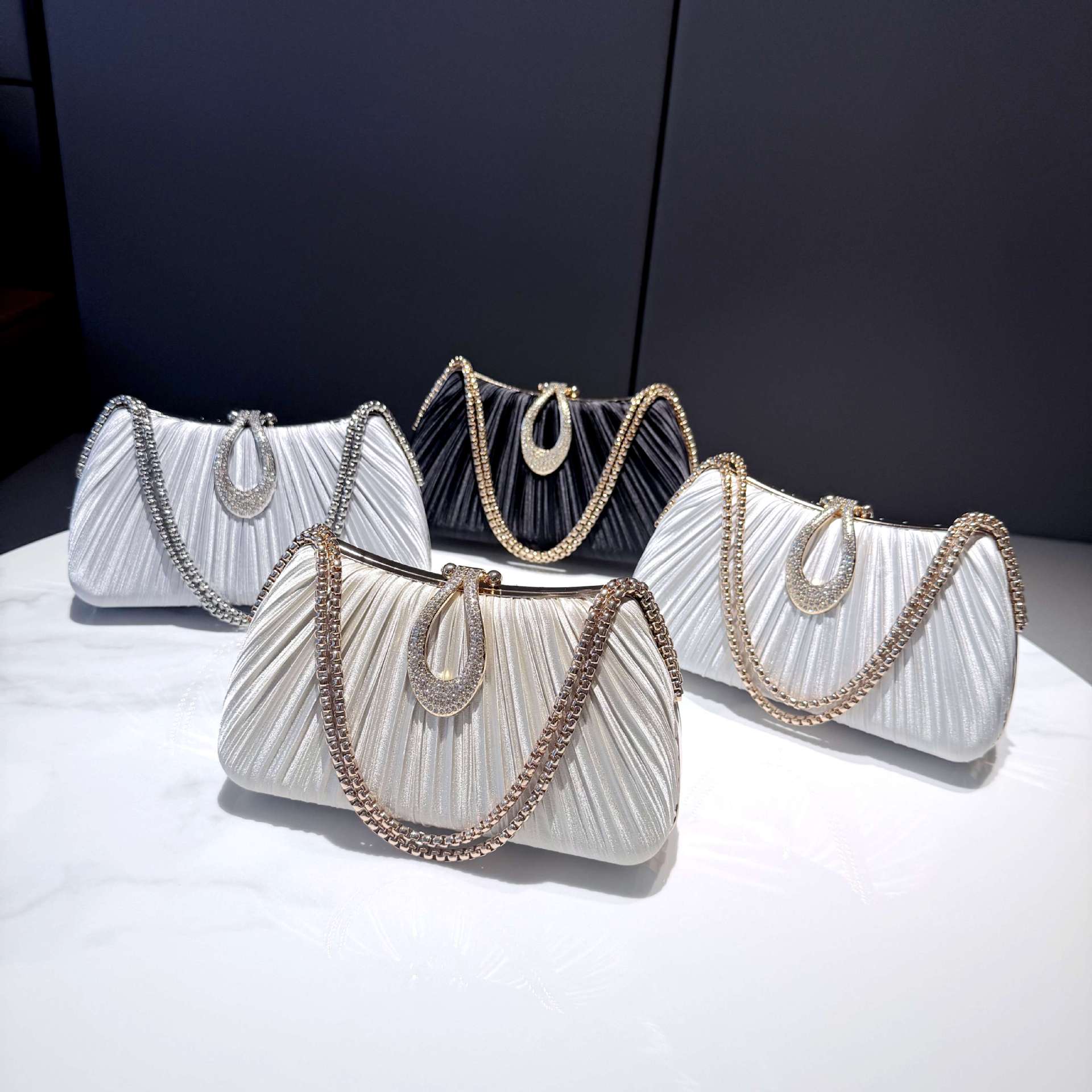 跨境欧美百褶晚宴包丝绸手提包旗袍腋下宴会包KTV公主包cultch