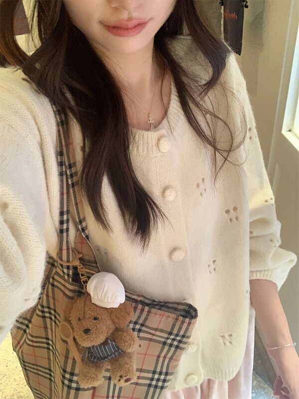 Aqiu's Shop Irish First Snow Cut Out Handmade Crochet Cardigan Sweater Autumn New Knitted Long-Sleeved Jacket