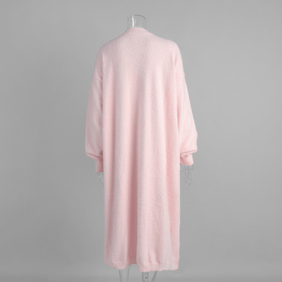 Áo cardigan len lông mềm dáng dài rộng cổ chữ V tay dài — hồng, màu xám, quần kaki chi tiết 10
