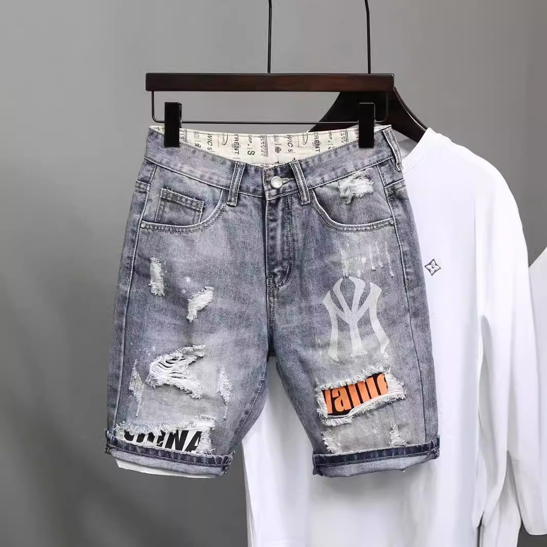 Summer light-colored ripped shorts, Korean style, trendy printed cropped breeches, fashionable men's clothing, stylish and cool jeans