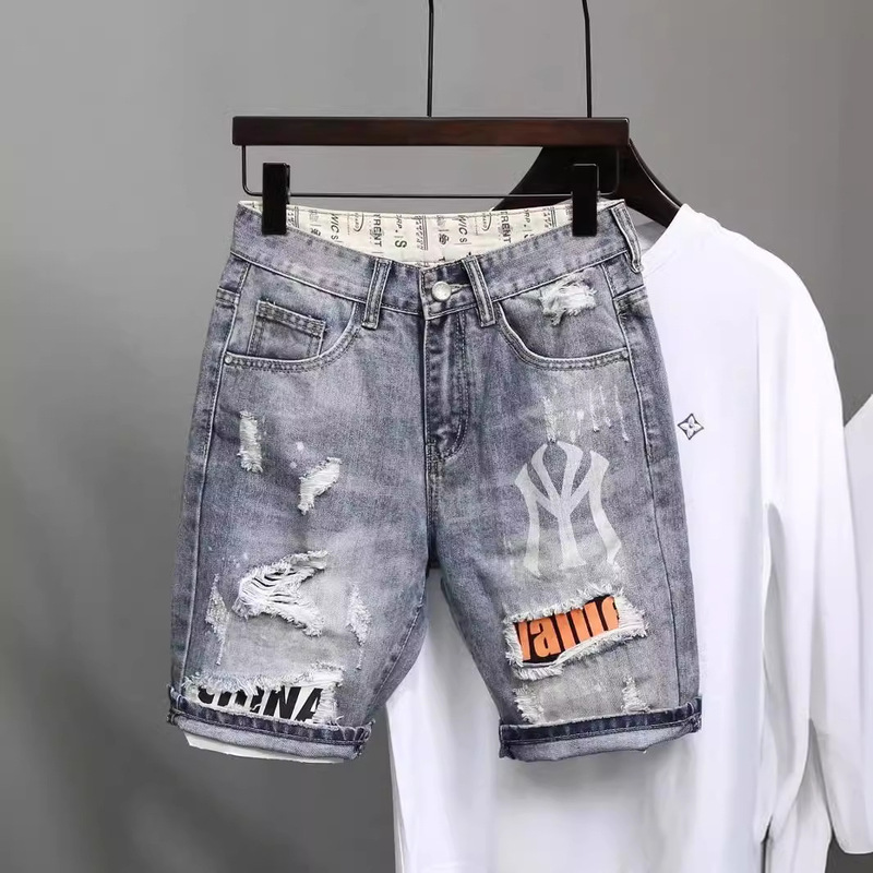 Summer Light-Colored Ripped Shorts Korean Style Trendy Brand Printed Five-Point Pants Trendy Men's Fashion Stylish and Cool Jeans