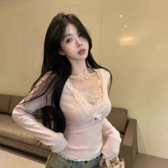 美式辣妹V领蕾丝拼接打底衫女2025秋季新款高级感绝美粉色女上衣