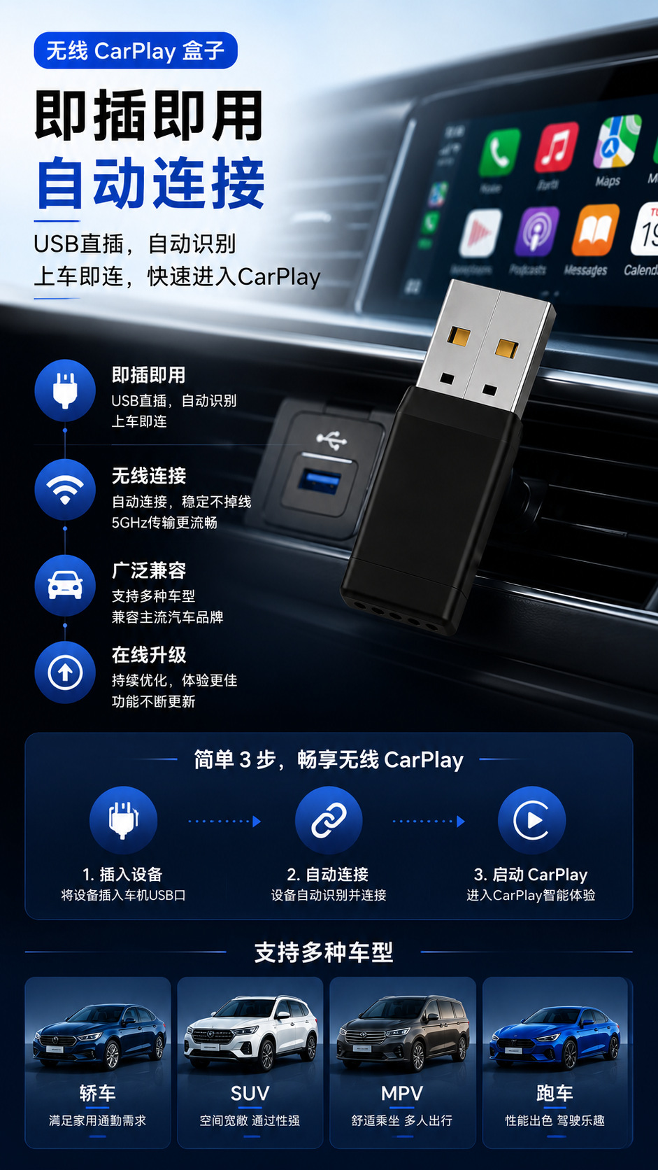 Cross-Border Popular Wireless Carplay Box Car Adapter. Factory Supports Light Customization and Dropshipping Wholesale