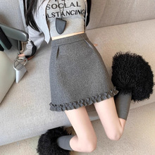 设计感木耳边毛呢花苞裙女春秋季加厚呢子短裙灰色A字包臀半身裙