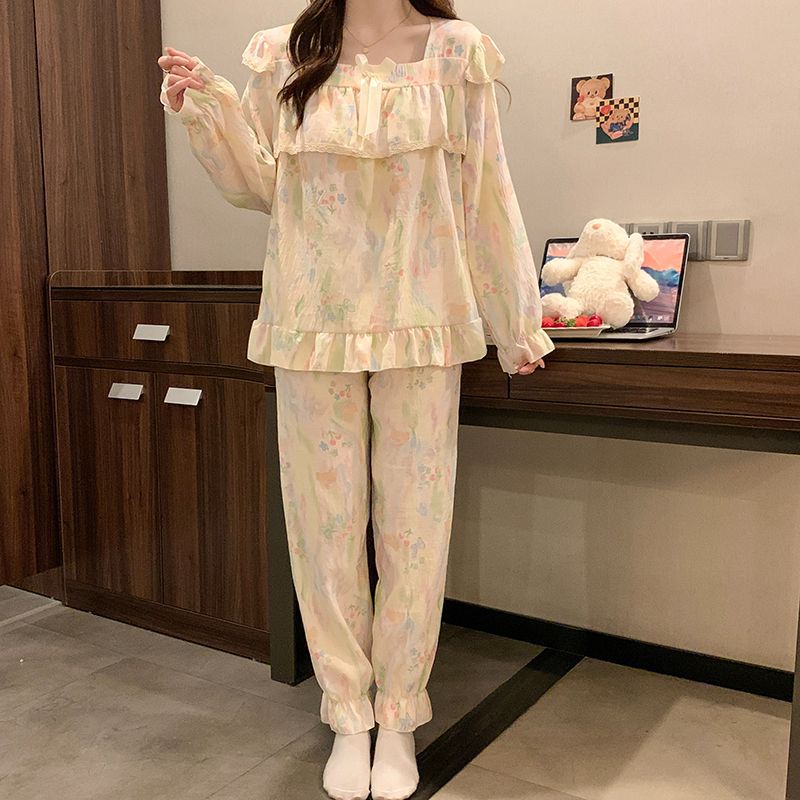 Al por mayor transfronterizo primavera y otoño nuevo pijama de mujer cinturón de pecho tejido nubes algodón manga larga dulce princesa ropa de estilo casero cubierta