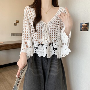 Plus Size Sexy Casual Knitted Lace Shirt Women's Summer Outer Cardigan Top Fat mm Thin Shawl Sun Protection Clothing