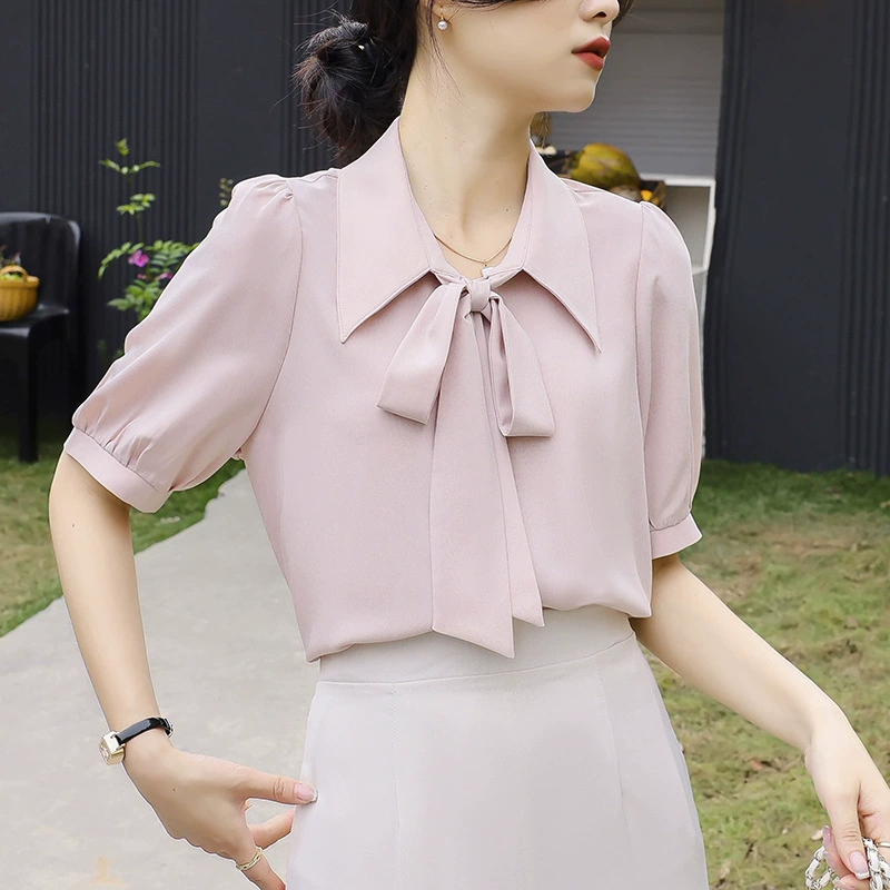 Гладкая атласная розовая лента с короткими рукавами рубашка женский шифон дикий корейский сладкий летний стиль