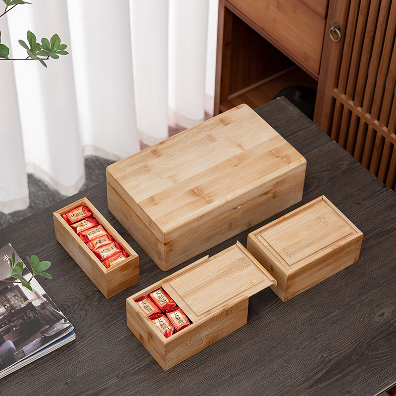 竹木抽拉式茶叶包装盒木质工艺品方型礼品收纳整理盒子中国风