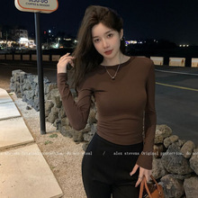 甜妹韩气修身长袖T恤女2025初秋新款掐腰短款显瘦纯色女装ins上衣
