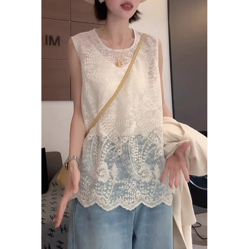 Summer new style French gentle round collar sleeveless embroidered lace shirt for women, folding loose casual top
