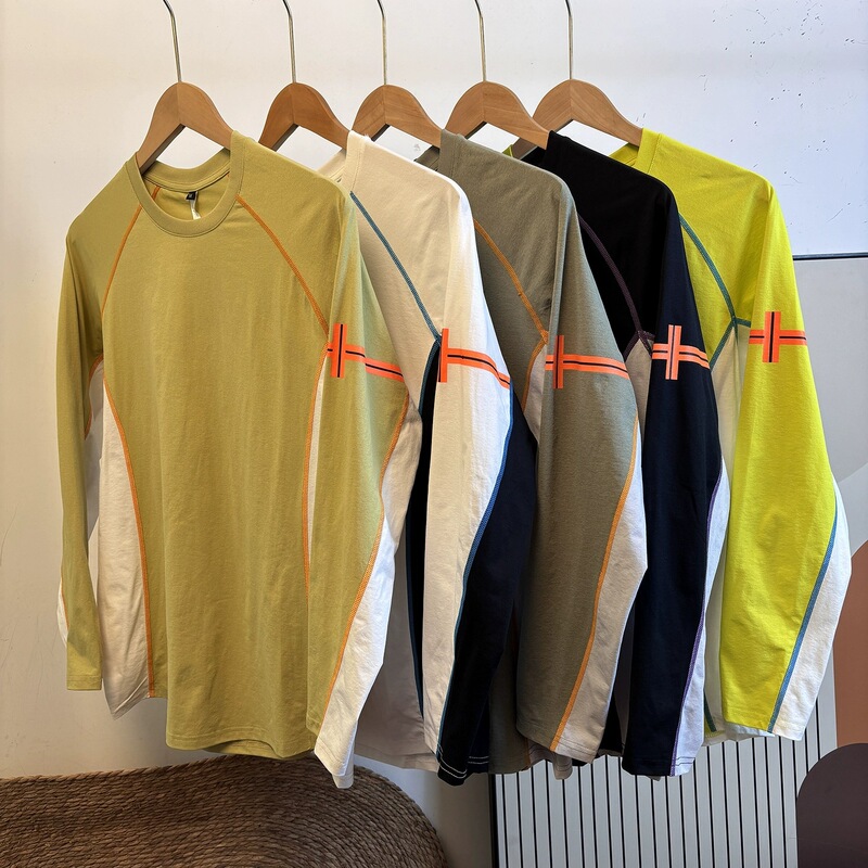 Men's Spring & Fall Outdoor Mountain Style Contrasting Color Stitching Raglan Sleeves Moisture-Absorbent Breathable Quick-Drying Sports and Leisure Long-Sleeved T-Shirt Trendy