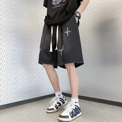 Pierced denim shorts, men's American retro high street vibe pants, summer quarter pants, straight loose casual mid-pants
