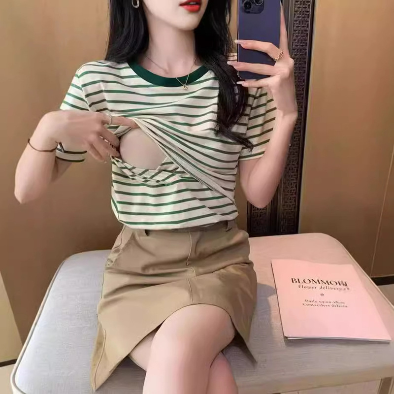 New Pure Cotton Nursing Clothes for Summer, Slimming Striped Short-Sleeve T-Shirt Top for Women, Postpartum Maternity Wear, Breathable New Pure Cotton Nursing Clothes for Summer, Slimming Striped Short-Sleeve T-Shirt Top for Women, Postpartum Maternity Wear, Breathable