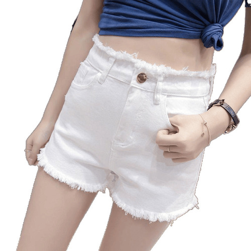 Women's White Summer Mid-Waist Stretch Denim Shorts with Frayed Holes and Black Accents