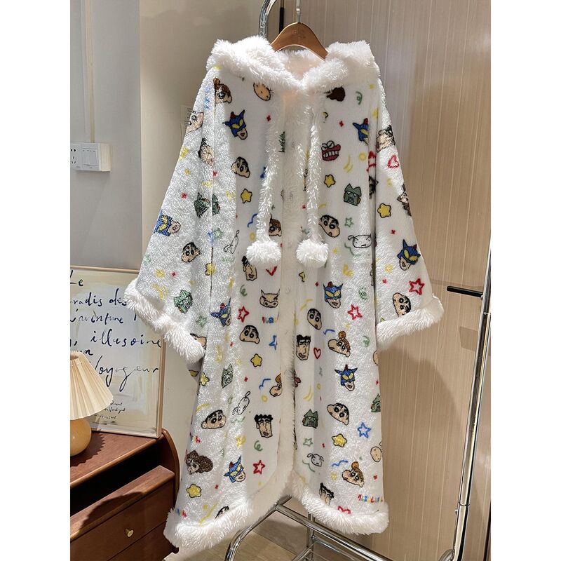 Cute Crayon Shin-Chan Coral Fleece Nightgown Women's Winter New Thickened Home Clothes Cloak New Hooded Jacket