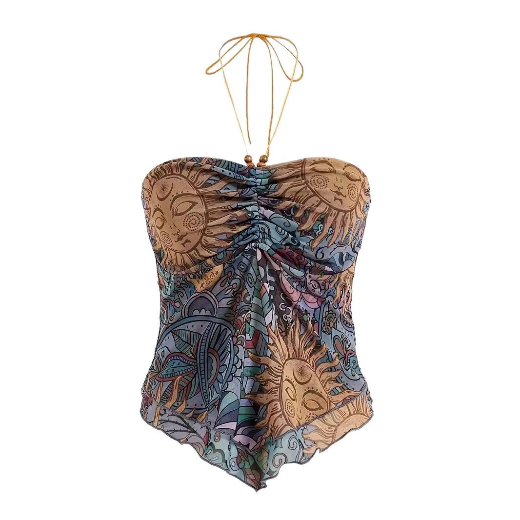 Sommerliches Damen-Top im Y2K-Stil mit Sonnenblumenmuster, Neckholder, trägerlos, europäisch-amerikanisch, sexy und asymmetrisch geschnitten_voghion.com