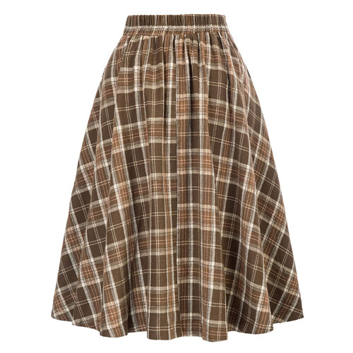 European and American Wish Foreign Trade High-Waisted Plaid Flared Skirt Autumn and Winter Fashion Women's Plaid Elastic-Waist A-Line Skirt