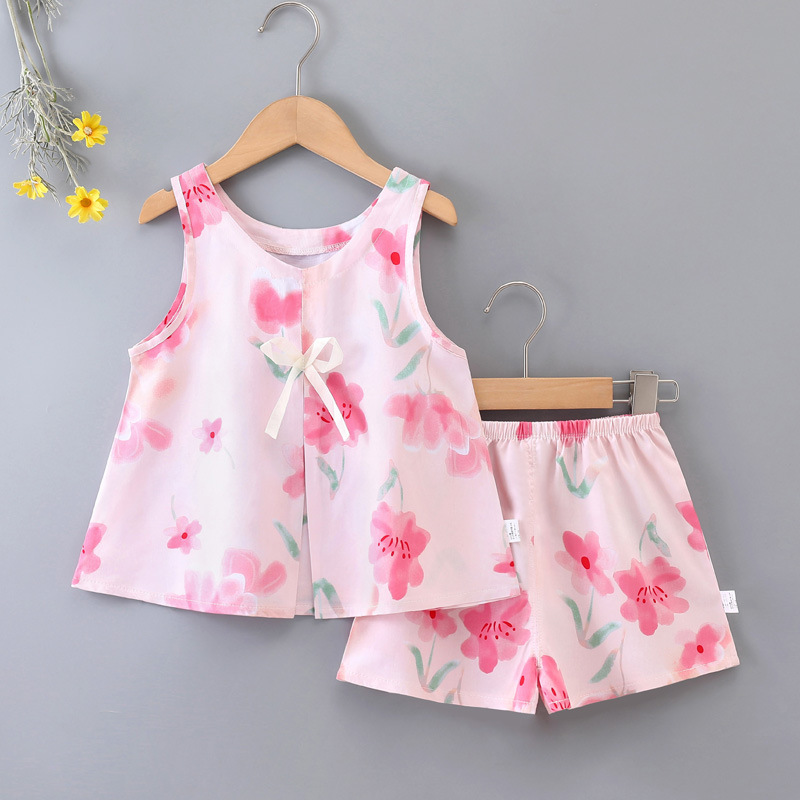 Cross-Border Children's Cotton Silk Suit Summer Thin Style Girls' Baby Sleeveless Shorts Vest Cotton Silk Home Clothes Two-Piece Set
