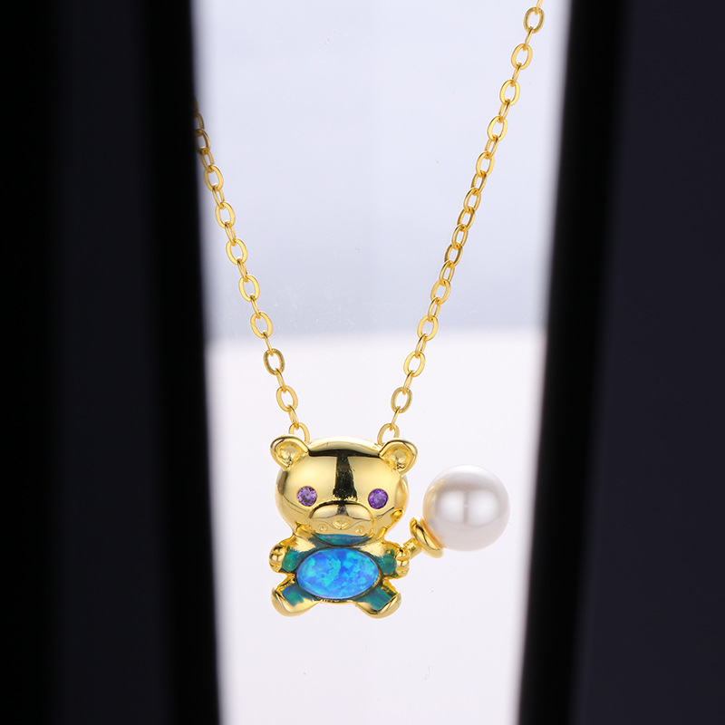 Creativo lindo colgante de plata Corea del Sur s925 plata esterlina perla oso clavícula cadena nicho Collar para las mujeres al por mayor