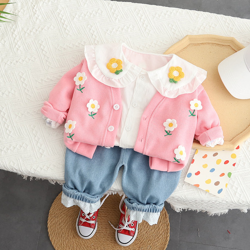 Baby spring and autumn clothing  new girls sweet cardigan three-piece set for small and medium-sized children casual children's suit hair