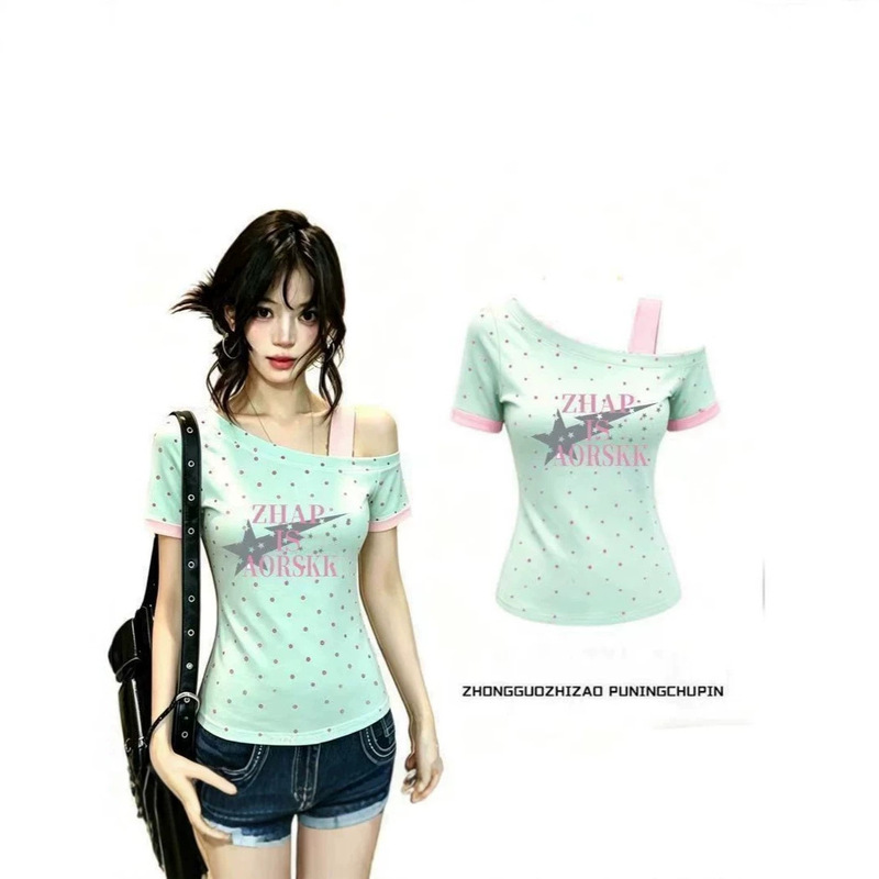 Off-Shoulder Strap Short-Sleeve Slim Fit Mint Green Cute Dopamine Style Light Luxury Niche Hot-Selling Super Stylish Women's Top