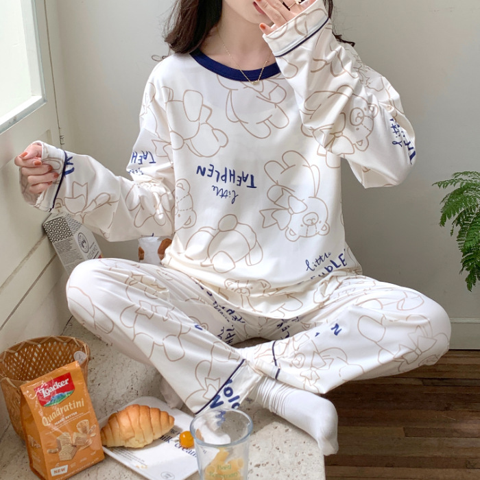 Estilo simple japonés pijamas chica de algodón-como cuello redondo de manga larga de otoño e invierno con almohadilla en el pecho dulce Winnie the Pooh traje de desgaste para el hogar