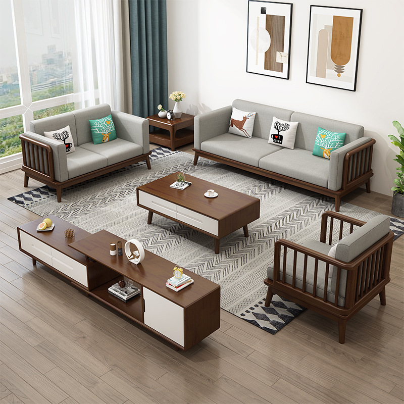 Invierno y Verano de doble uso nórdico de madera maciza sofá tela simple pequeño apartamento de tres asientos concubina imperial blanco mesa de café combinación