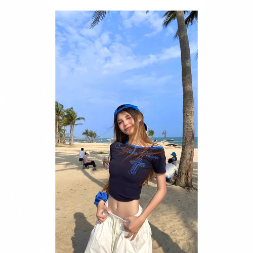 260g Cotton Modal Blouse with Letter Embroidered Gems Sloping Shoulder Short Sleeve Women's Fitted Shoulder-Stripping American Style Top