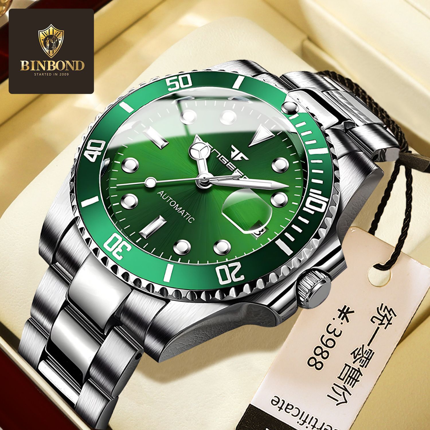 Fenzun Blue Luminous Black Water Ghost Men's Fully Automatic Mechanical Watch Green Water Ghost Stainless Steel Strap Watch Waterproof