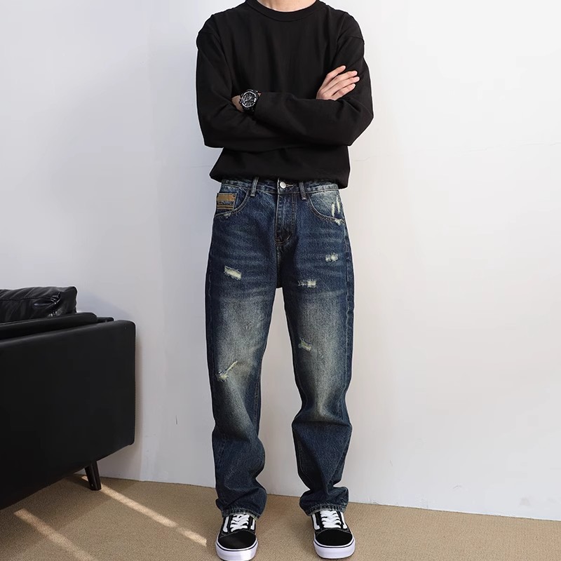 American High Street Retro Washed Jeans Men's 2025 New Loose Trendy Brand Ripped Summer Straight Long Pants