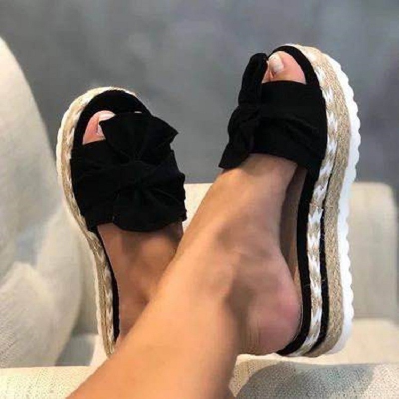 Summer wedge heel bow sandals for women, large-sized thick-soled rope beach shoes, large-sized women's shoes, size 43 wholesale Application Scenario