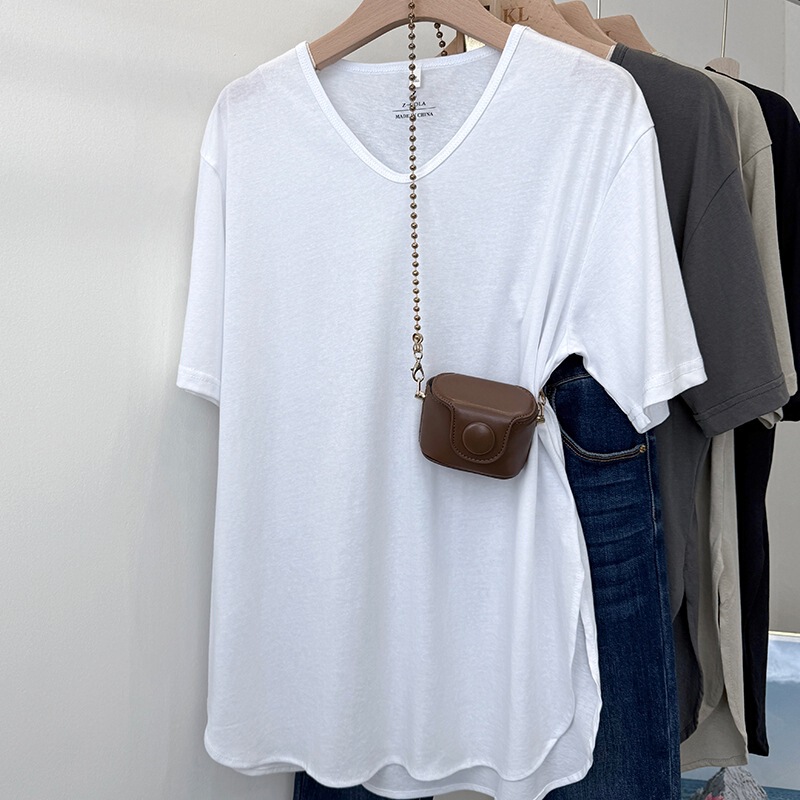 Lazy Casual Loose White T-shirt Tall Shark Pants Summer Thin Extended V-neck Split Top Lazy Casual Loose White T-shirt Tall Shark Pants Summer Thin Extended V-neck Split Top