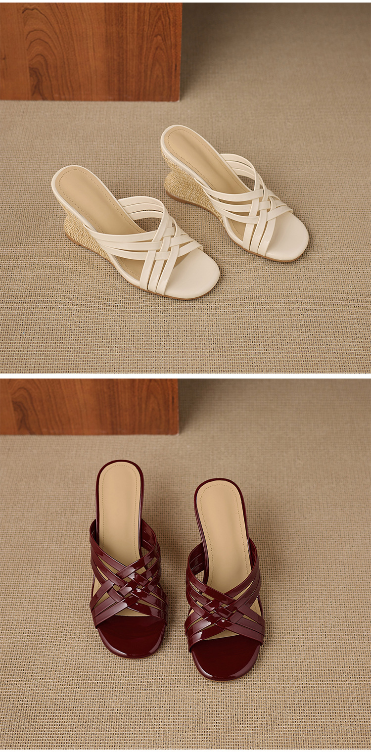 Dép sandal nữ quai chữ V mũi vuông hở ngón đế xuồng cao gót 5 cm — Rượu vang đỏ, màu trắng ngà chi tiết 13
