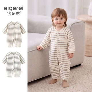 婴儿衣服新生儿秋冬奥粒绒对开连体衣宝宝条纹哈衣爬服秋冬外出服
